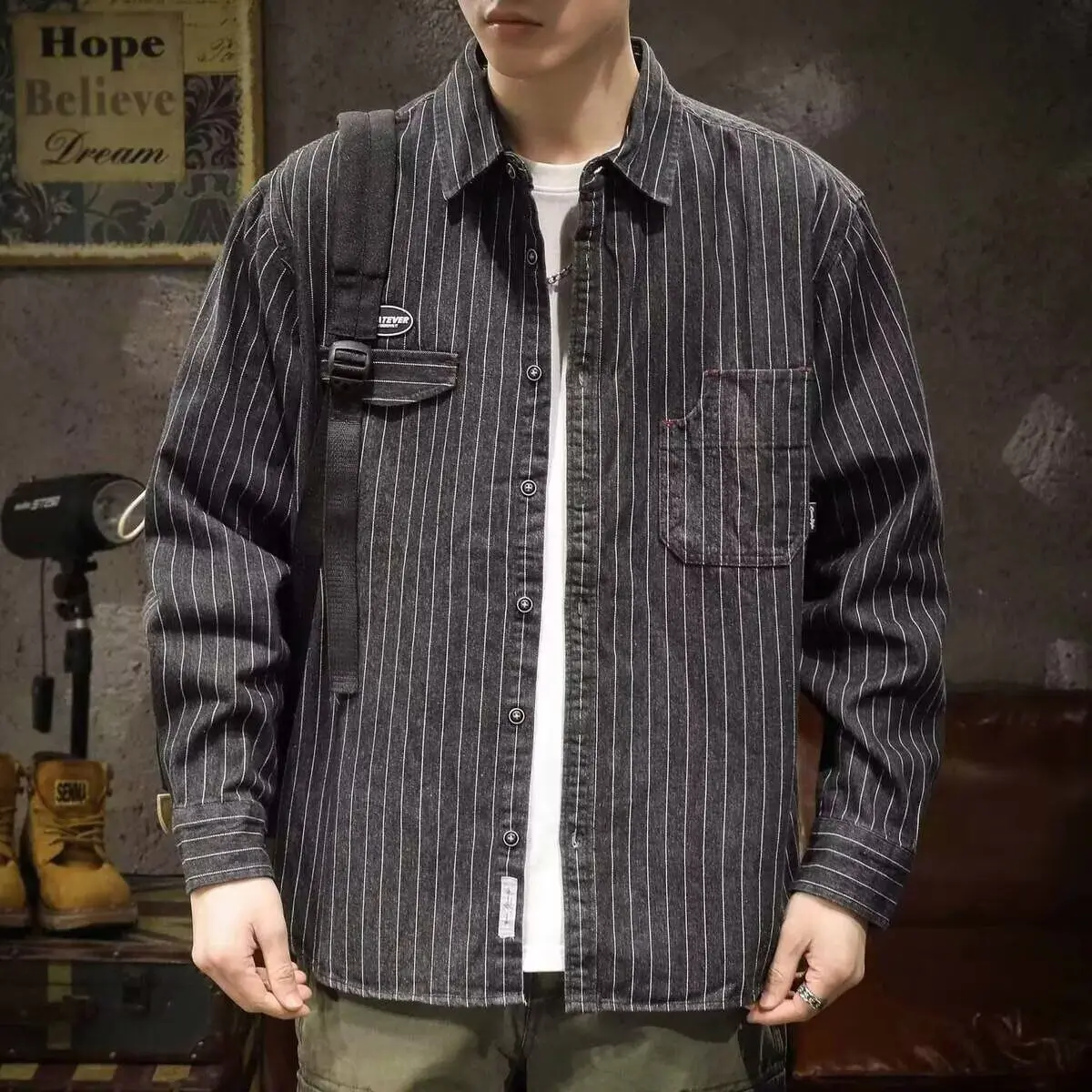 

New Men's Casual Loose irt Autumn Faion Versatile Outerwear Stand Fit Long Sve Anti-Wrinkle Chinese Production