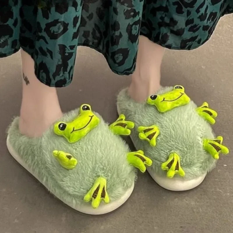 

High-color cartoon furry head wrapped cotton slippers female 2024 fall new cute frog comfortable warm furry slippers