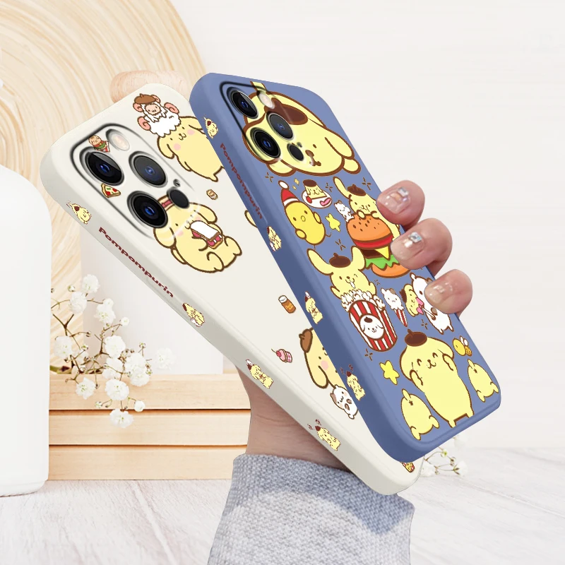 

Pompompurin Sanrio Cartoon Liquid Left Rope For Apple iPhone 15 14 13 12 11 XS XR X 8 7 SE Pro Max Plus Mini TPU Phone Case
