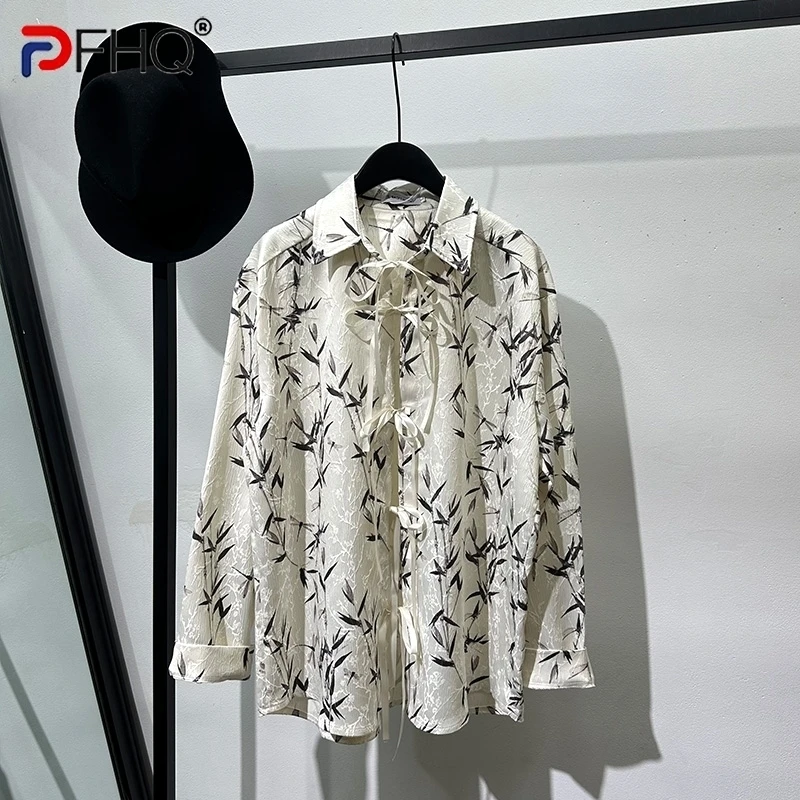 

PFHQ Chinese Ink Men's Jacquard Lapel Long Sleeved Shirts Ribbon Design Personality Haute Quality Summer Cool Male Tops 21Z4386