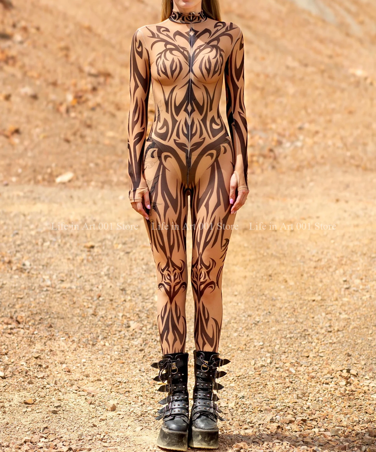 Women Warrior Mark Mesh Digital Print Party Festival Bodysuit Cosplay Halloween Jumpsuit Carnival Stage Performance Tights Suit