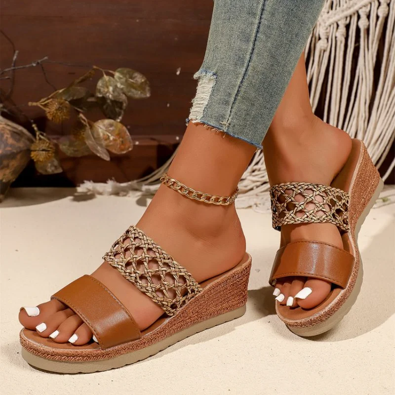 Women Woven Wedge Slide Sandals, Boho Platform Open Toe Slides, Summer Petite Elevated Outdoor Casual Beach Lazy Slippers
