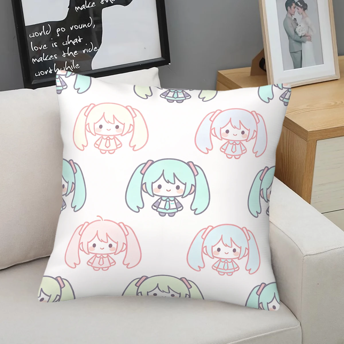 Chibi Hatsune Miku Anime Throw Pillow, Digital Print Decorative Cushion Accent Pillow, Includes Pillow Core for Sofa Bedroom Car