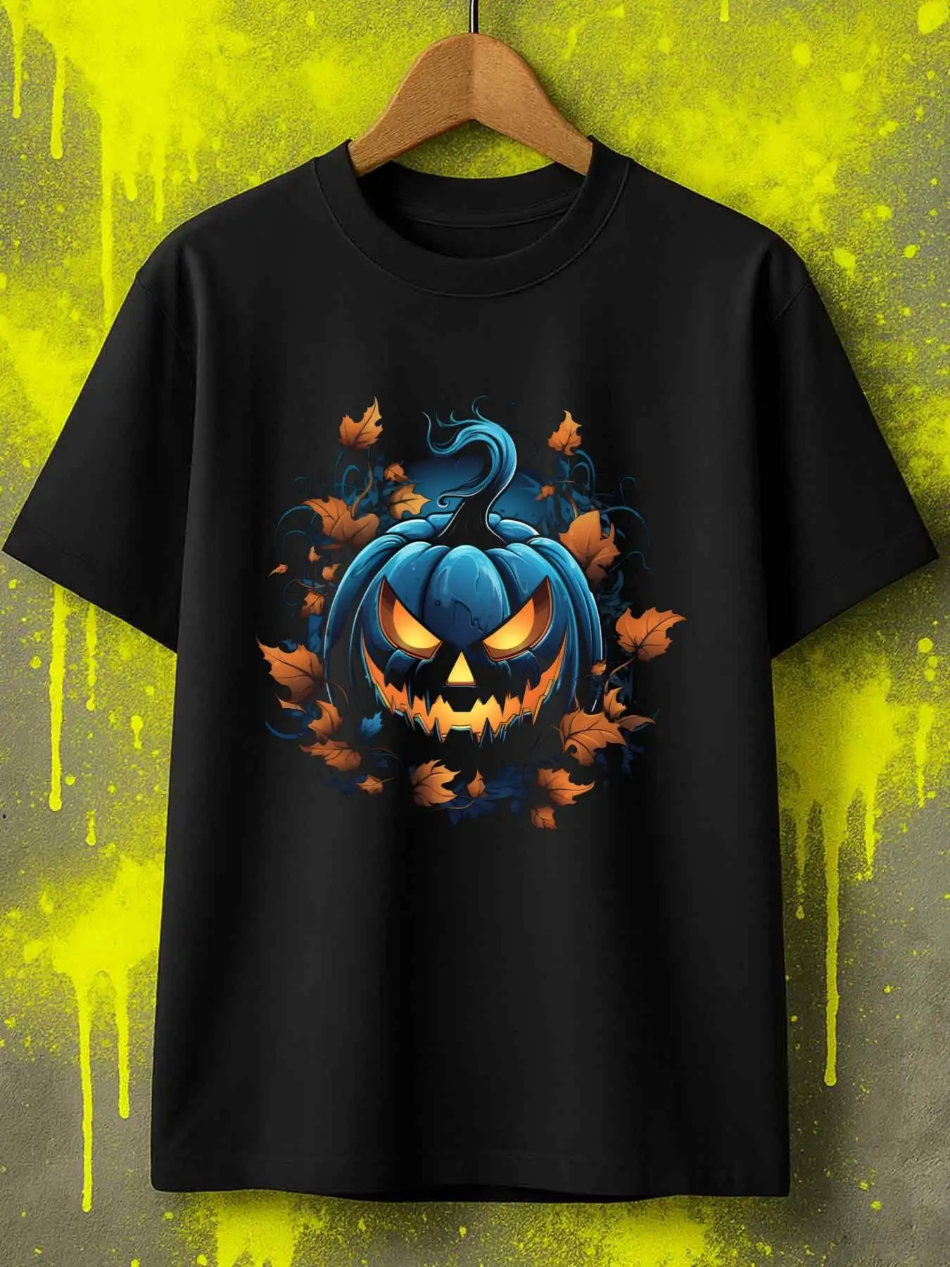 Gothic Men's Black Graphic T-Shirt Blue Jack O Lantern Glowing Eyes Autumn Leaves Halloween Horror Vintage Print 100% Cotton Heavyweight Short Sleeve Casual Streetwear Tee