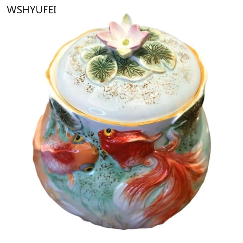 

1 pc ceramics goldfish Moisture proof tea can home decoration Daily gift giving Living room accessories Storage and storage