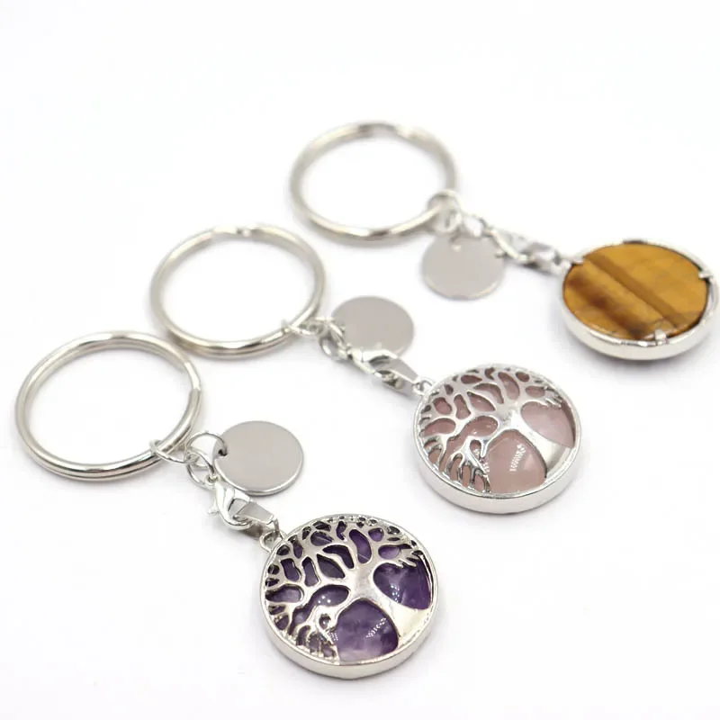 10pcs Natural Stone Keychain Hollow Tree of Life Tiger Eye Healing Rose Quartz Crystal Key Ring Chain Keyring