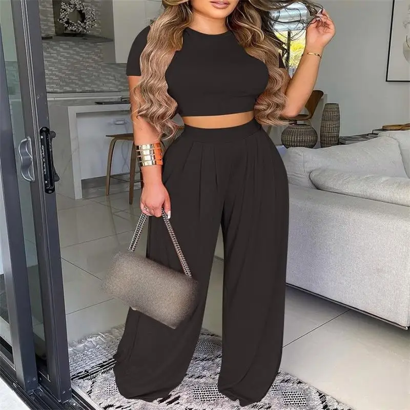 Elegant Women\'s Two Piece Sets Summer Solid O-neck Short Sleeve Slim Crop Short Top & Print High Waist Wide Leg Pants Outfits