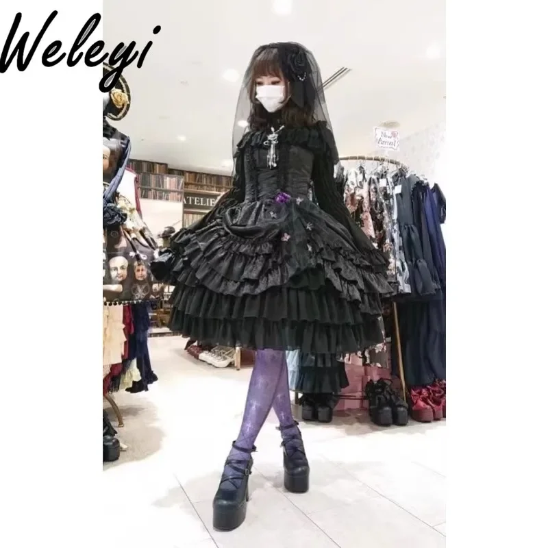 

Lolita Multi Layer Lace Tube Top Dresses for Women 2024 Autumn Cute Streetwear Jacquard Dark Pattern Lira Elegant Princess Frock