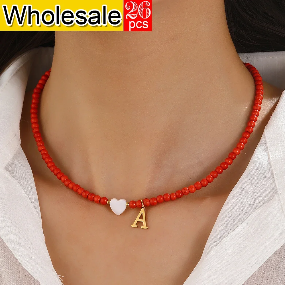 26PCS Bohemian Style Choker Women Pendant Necklaces Red Bead Necklace Stainless Steel Letter Pendant Fashionable Women's Jewelry