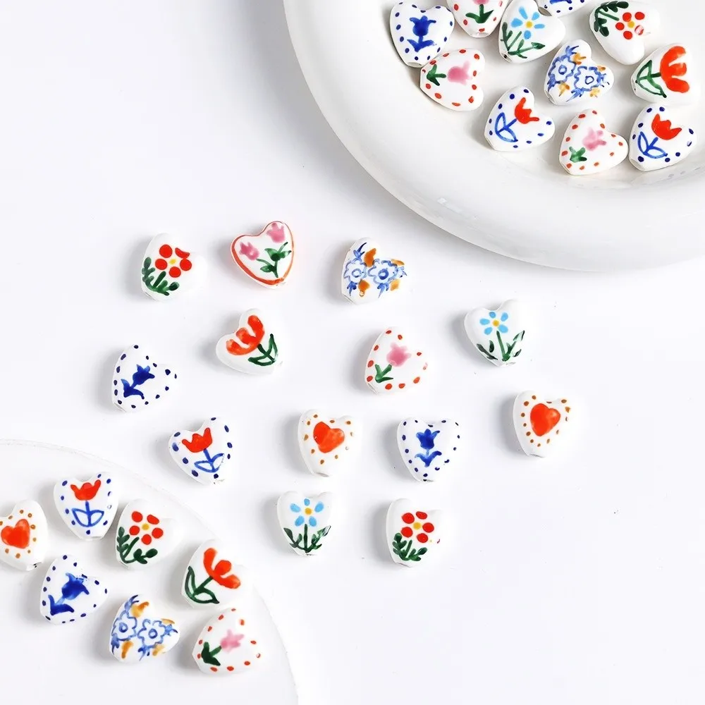 5pcs/set Double Sided Heart Shape Ceramic Beads Small Spacer Bead Hand-Painted Flower Beads Colorful Phone Chain Accessory