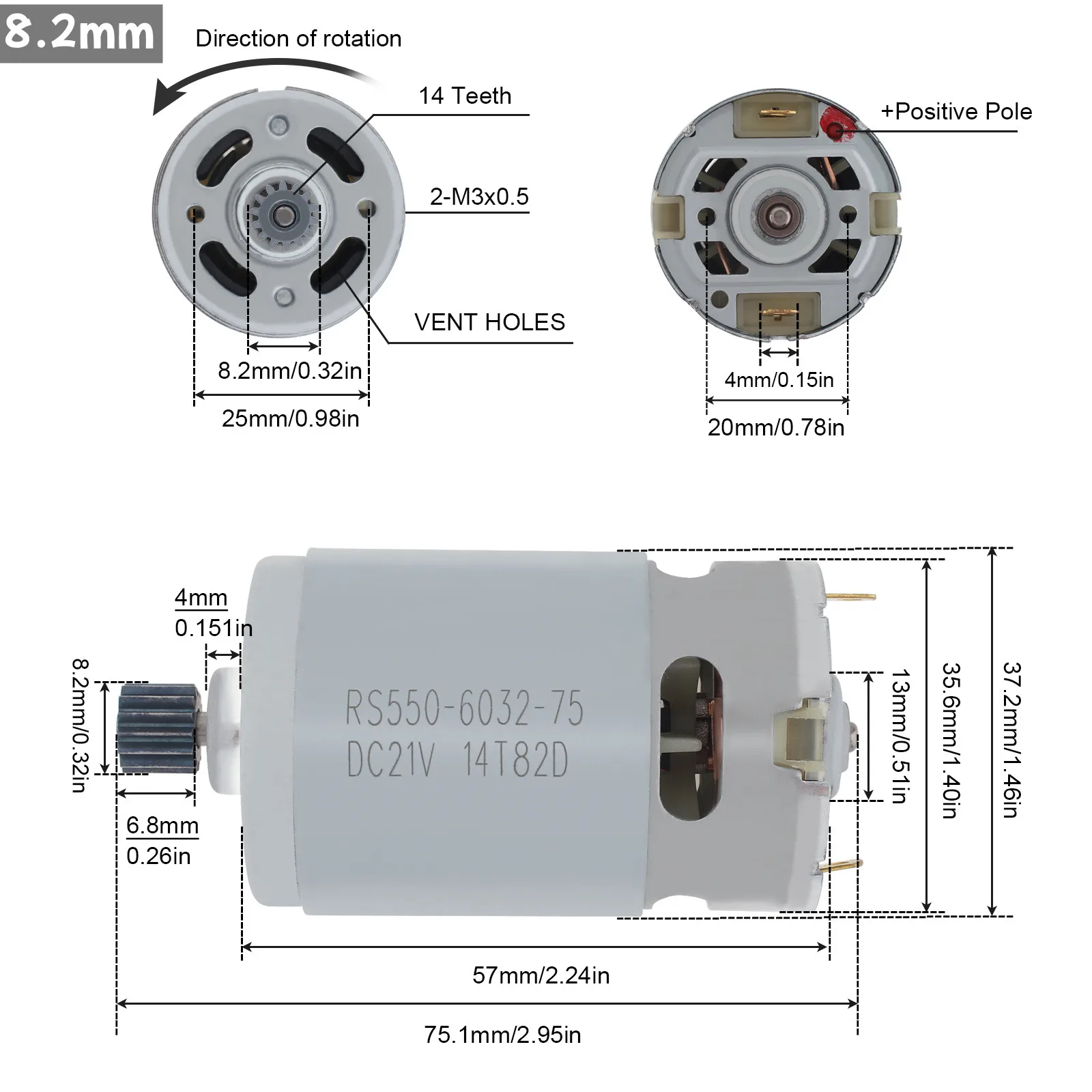 RS550 DC Motor 8.2mm / 9.5mm 14 Teeth High Speed Electric Motor 25000RPM for Lithium Electric Drill / Electric Saw / Screwdriver