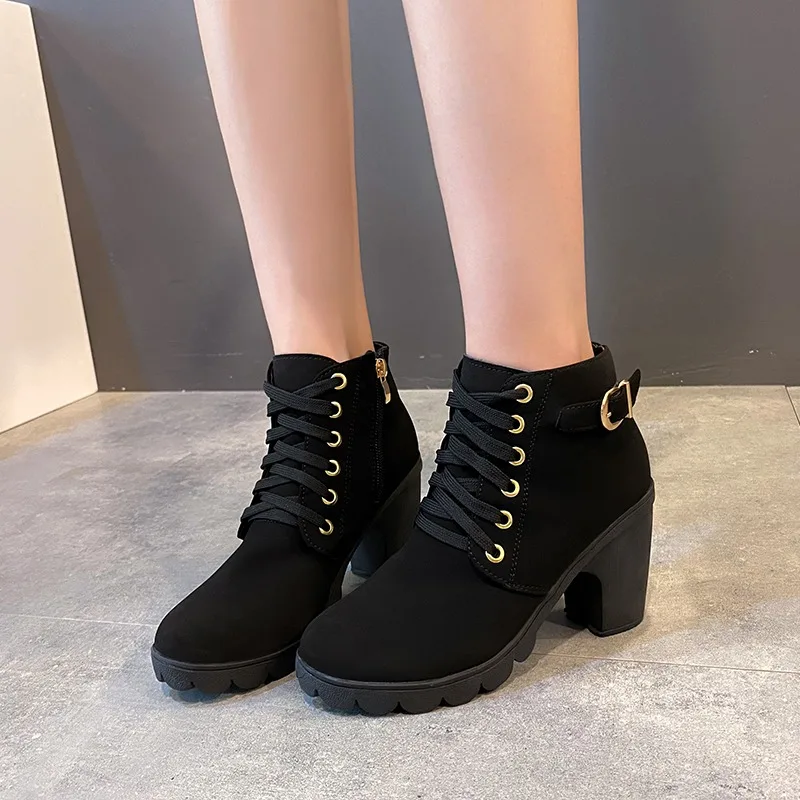 Winter 2023. Nowe buty damskie na wysokim obcasie Krótkie buty z paskami krzyżowymi Wygodne wodoodporne buty Ciepłe Plus Size 42. Botas Femininas