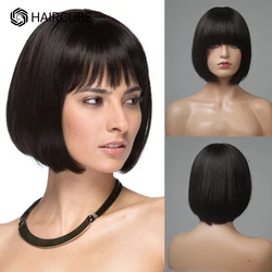 HAIRCUBE Short Bob Wigs Human Hair Black Natural Hair Wigs with Bangs Full Machine Made Remy Human Hair Wigs for Women Daily Use