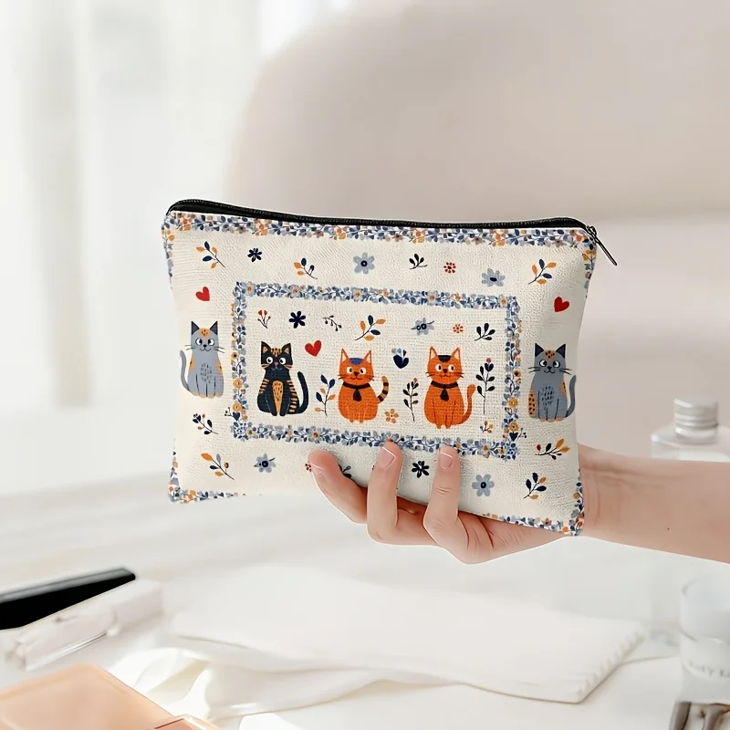 Floral Cat Zipper Makeup Bag Vintage Hand Drawn Kitten Heart Wildflower Border Print Cosmetic Pouch Portable Ladie Storage Purse