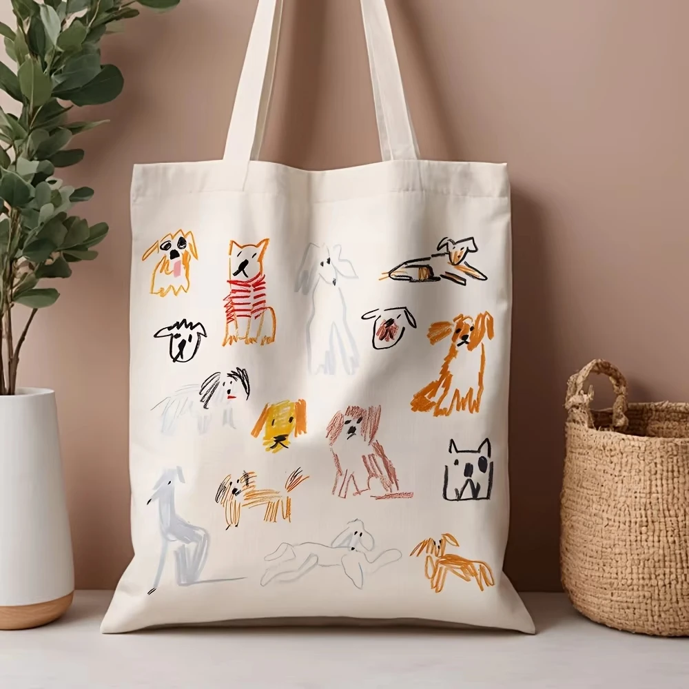 Stylish Dog Print Tote Bag - Large Capacity & Beach Travel Bag with Playful Puppy Illustrations for shopping, school and travel