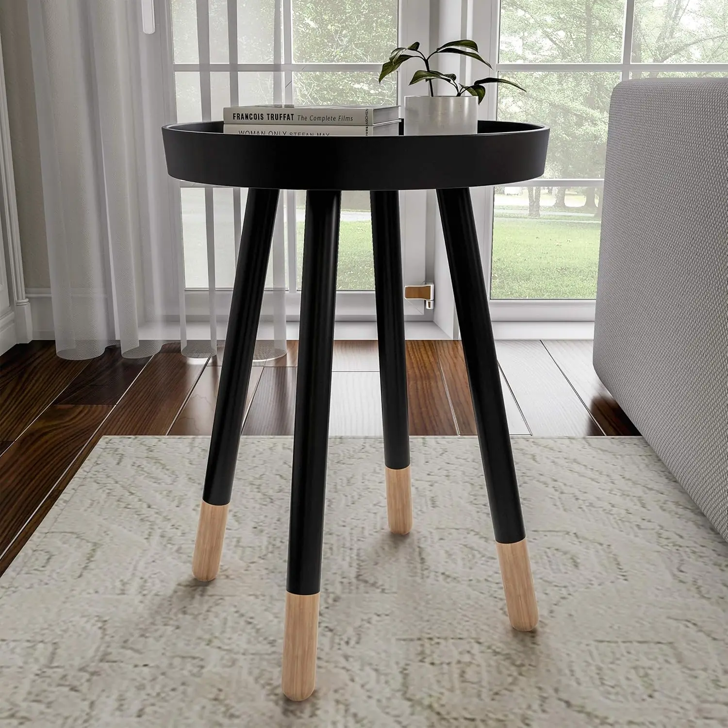 

Round End Table – Wooden Mid-Century Modern Tray Top Accent Table