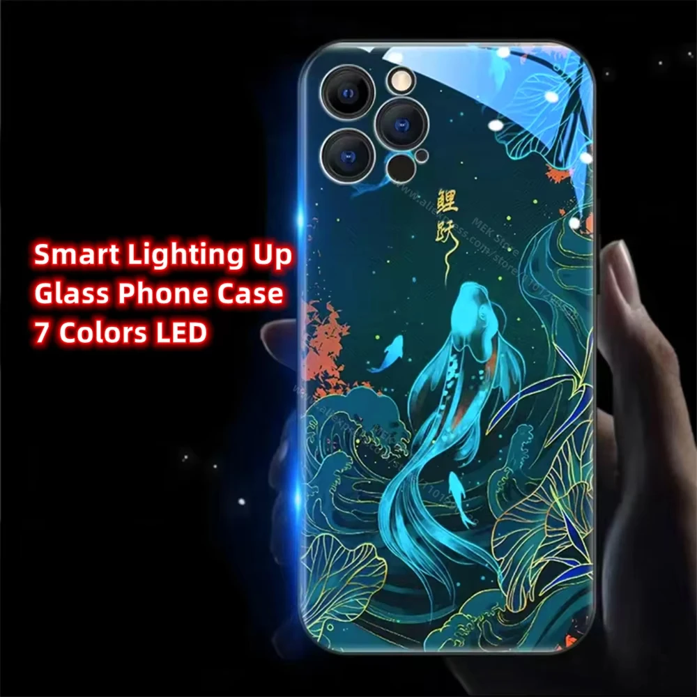 Carp Swimming Pattern Sound Control LED Flash Cases Luminous Cover For iPhone 16 15 14 13 12 11 Pro Max X XS XR Plus SE2020