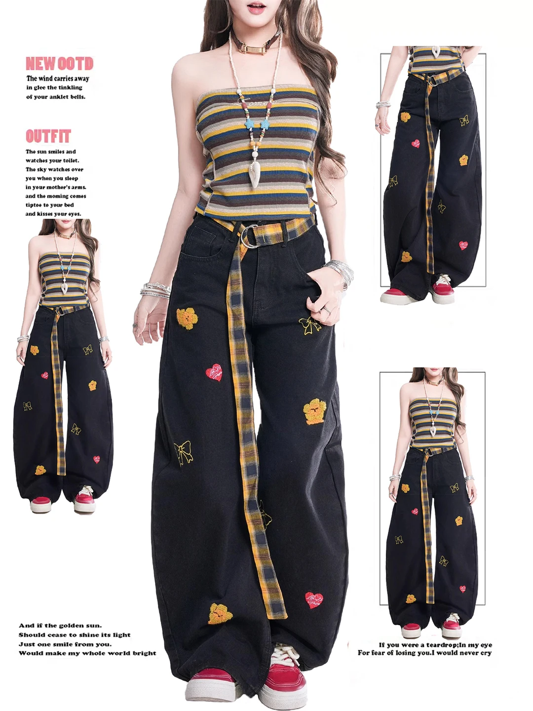 

Floral Embroidery Plaid Belt Loose Straight Wide Leg Casual Pants High Waist Denim Jeans Women's Autumn New Trend Brand Casua...