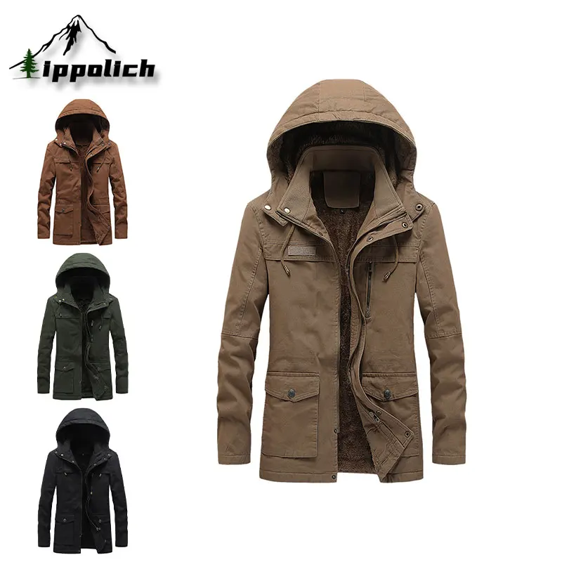 

IPPOLICH Men's Winter Fleece Jacket Thickened Outdoor Travel Street Jackets Parkas Multi Pockets Overcoat Male Warm Hooded Coats