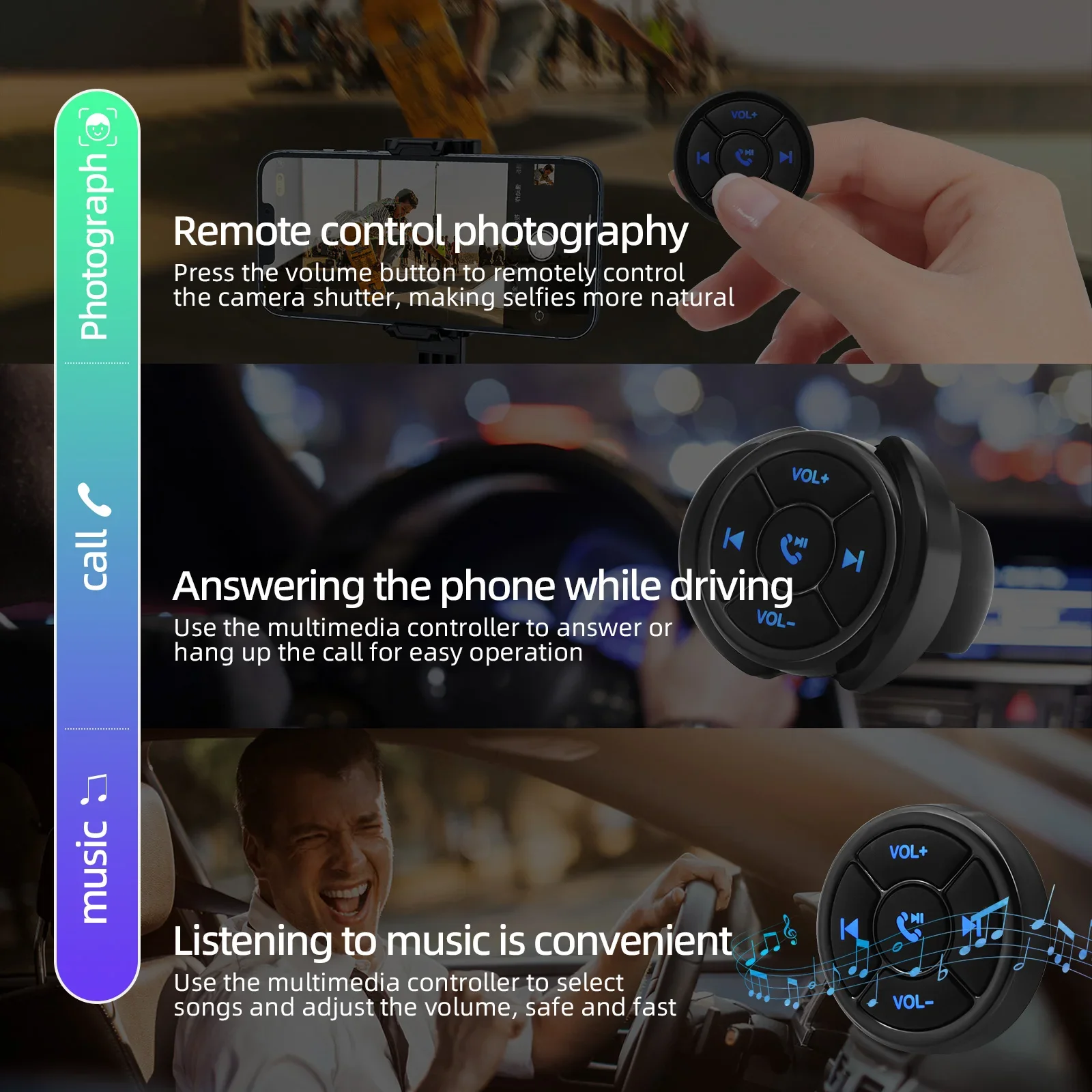 Télécommande de voiture sans fil, lecteur multimédia universel, bouton de volant de vélo, compatible Bluetooth, téléphone IOS et Android