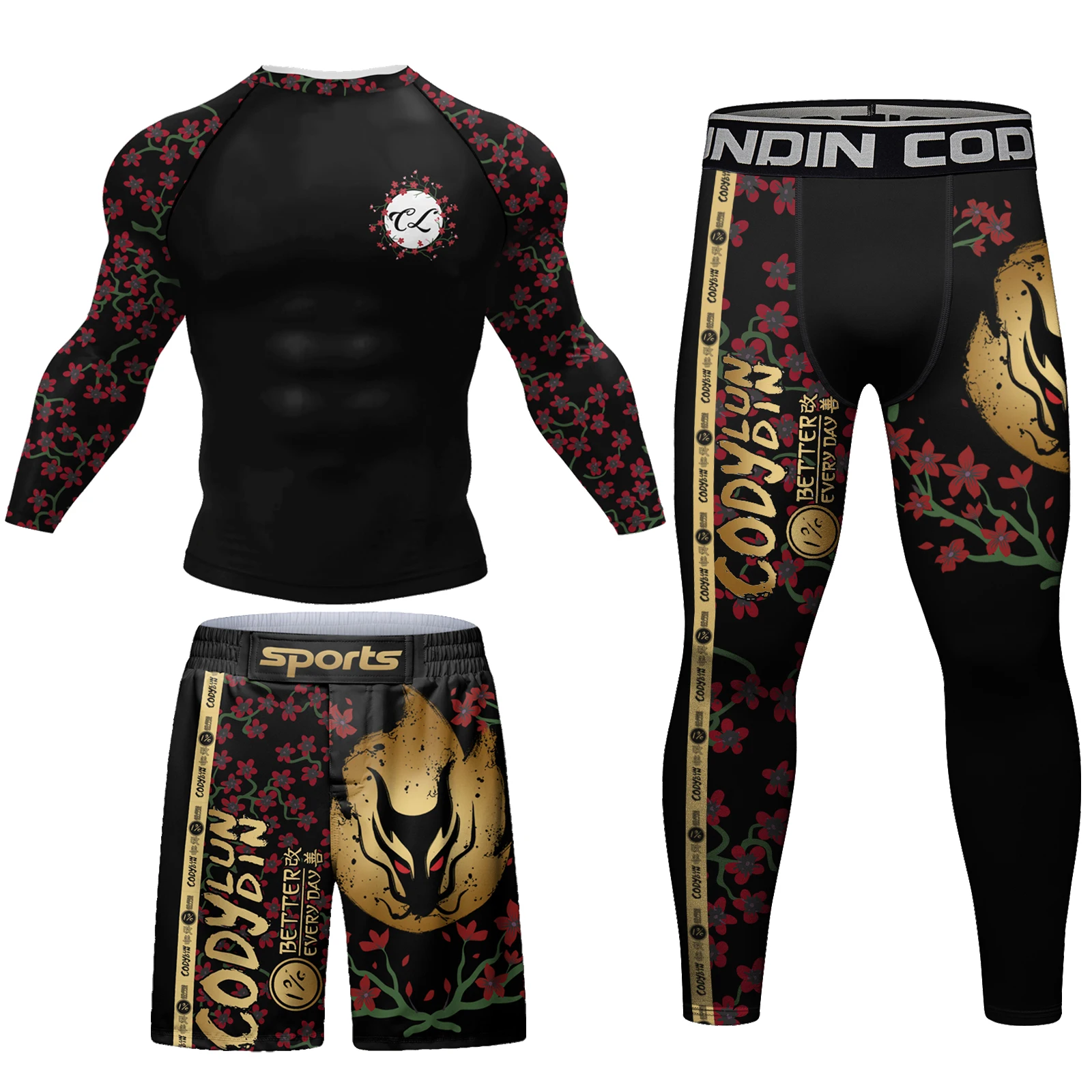 Cody Lundin Men Sports Training Kits Jiu jitsu gi Rashguard Uv Sun Protection Shirts Flower Print Swimming Surf Clothes For Men