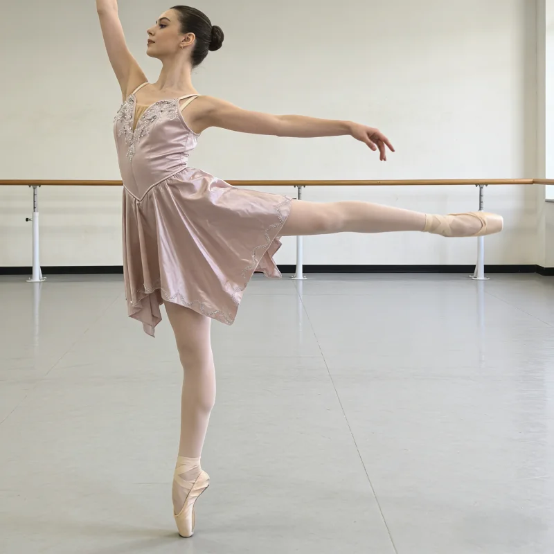 Womens Thin Strap V Neck Ballet Performance Dress Chest Silver Floral Rhinestone Embroidery Wavy Trim Irregular Hem Short Dance