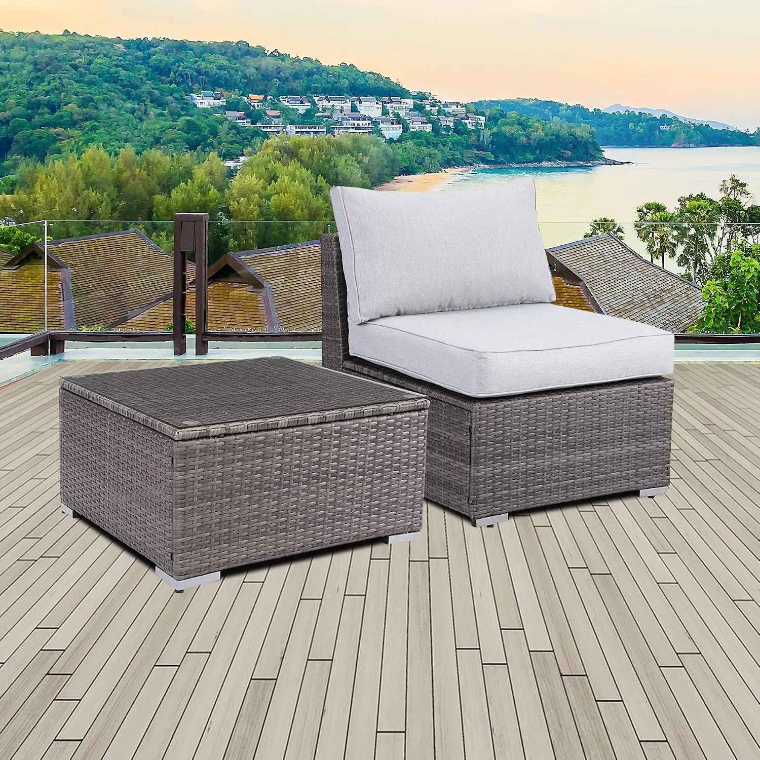 All Weather Wicker Outdoor Sofa & Table Set With Cushions For Patio Garden Balcony 2 Piece, Customized