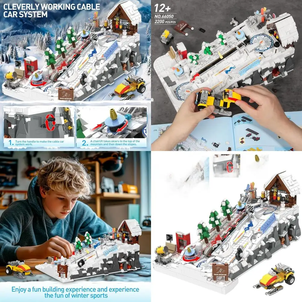 Set di avventure per sport invernali: resort di sci da 2200 pezzi con negozio, motoslitta e pendenze per bambini