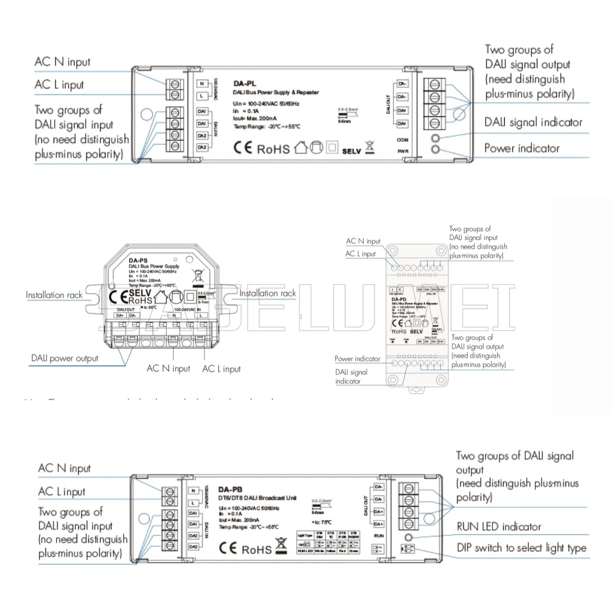 AC 100-240V DA-PS Skydance DA-PL DA-PD 200mA DALI Broadcast Unit DA-PB(DT6/DT8) DALI Bus Power Supply & Repeater DALI Signals