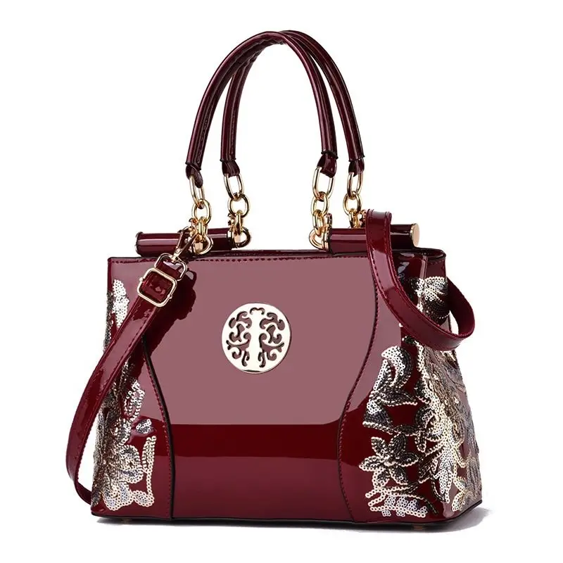 

Fashionable High Capacity Women's Bag European And American Style Handbag Lacquer Leather Double Sided Embroidery Crossbody Bag