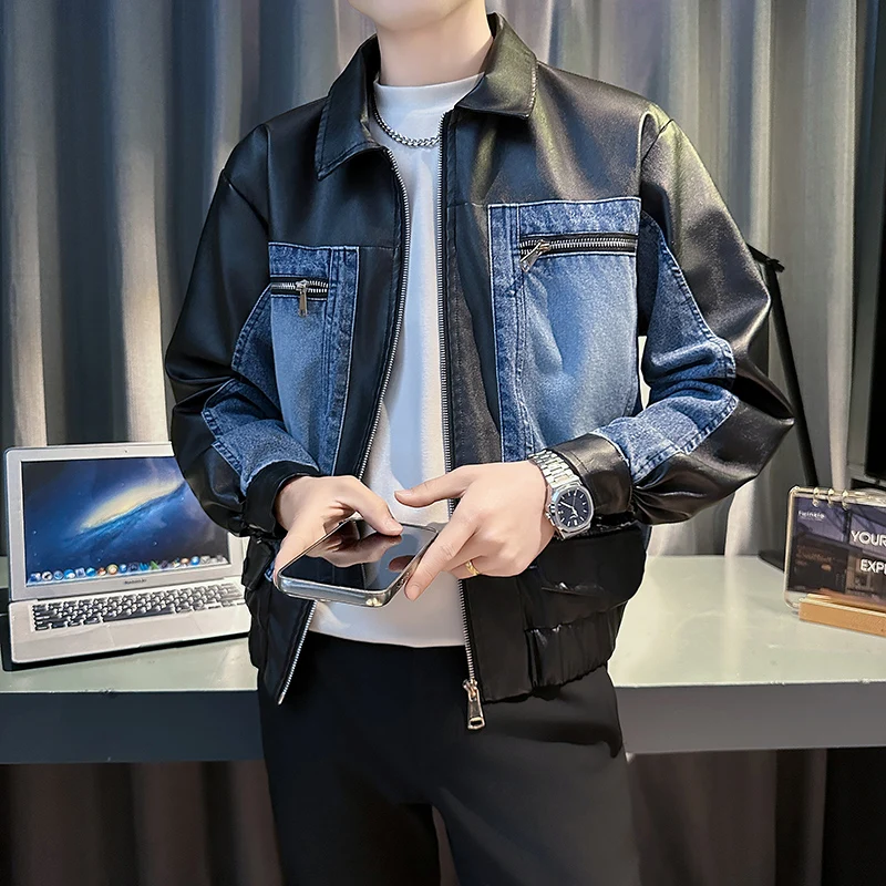 

Casual Cool Men's Denim Jaet Heavyweight Leisure Spring Autumn New Sle Leather irt Jaet Stand Fit Polyester Fiber