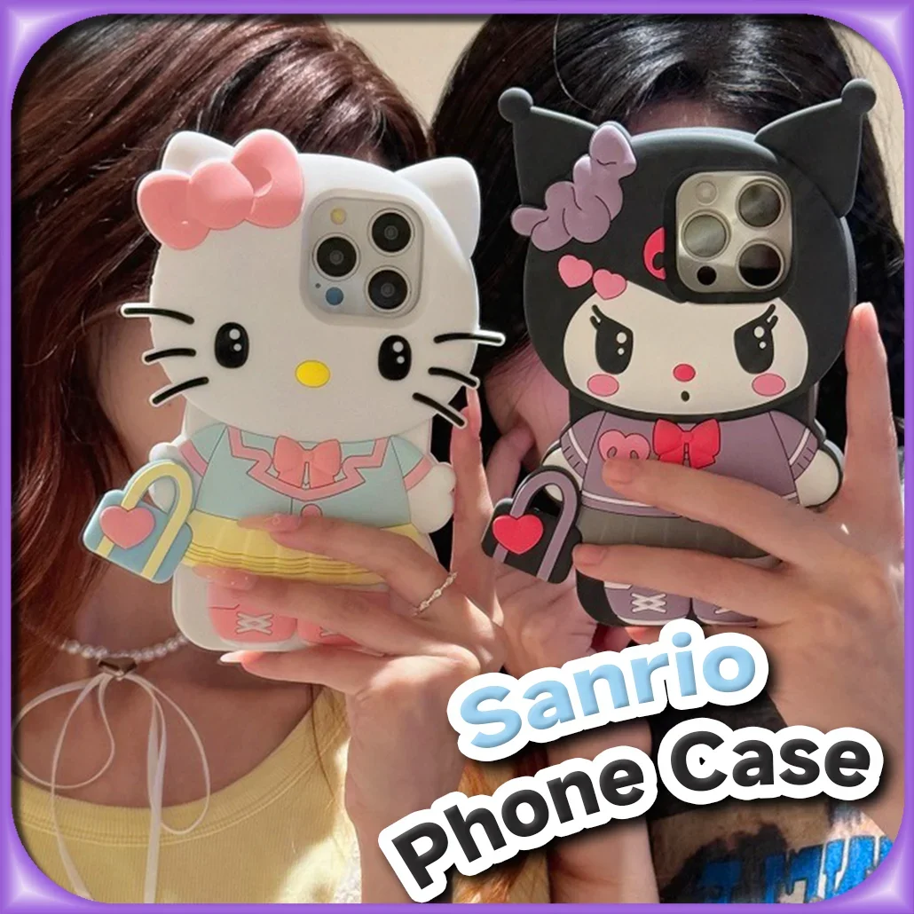 Kawaii Hello Kitty 3D Silicone Phone Case for IPhone 16 15 14 13 12 11 Pro Max Sanrio Anime Kuromi My Melody Protective Cover