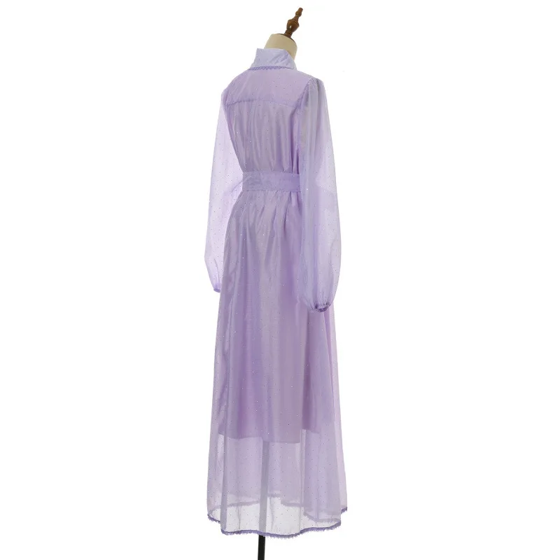 Street Series Long Dr mit Strassbesatz, Ogees, Patchwork-Spitze, hohe Taille, Gürtel, Farbe, lässiger Oulder-Winkel