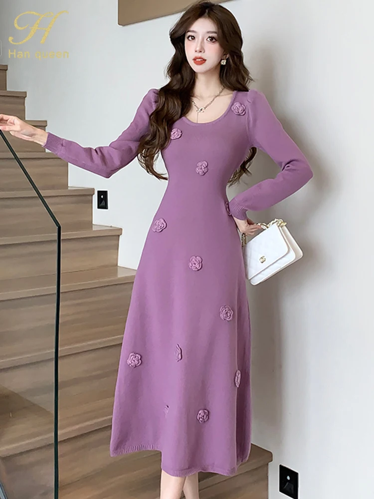 H Han Queen Autumn Winter Fashion Slim A-Line Long Dress Women Stretch Knit Party Office Dresses Basic Vestidos Woman Clothing