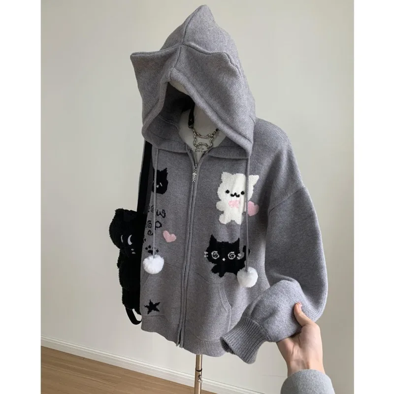 

Cute Cartoon Cat Knit Women Korean Fashion Kawaii Cardigan Long Sleeve Knitwear Coat Autumn Winter Outwear Top Clothes