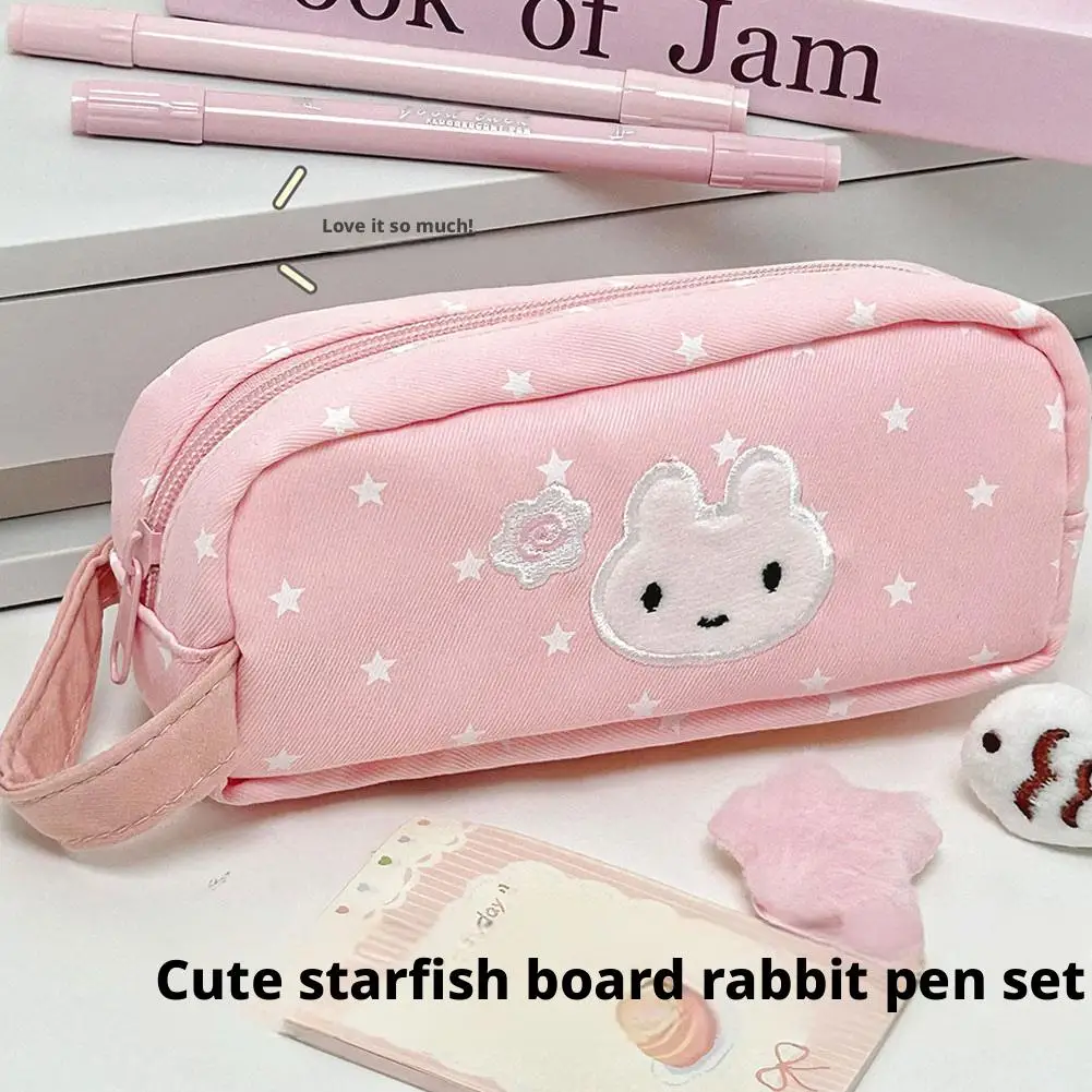 Pink Pen Bag Cute Cartoon Star Rabbit Pattern Plush Large Capacity Pencil Case Zipper Design Stationery Storing Bag Students