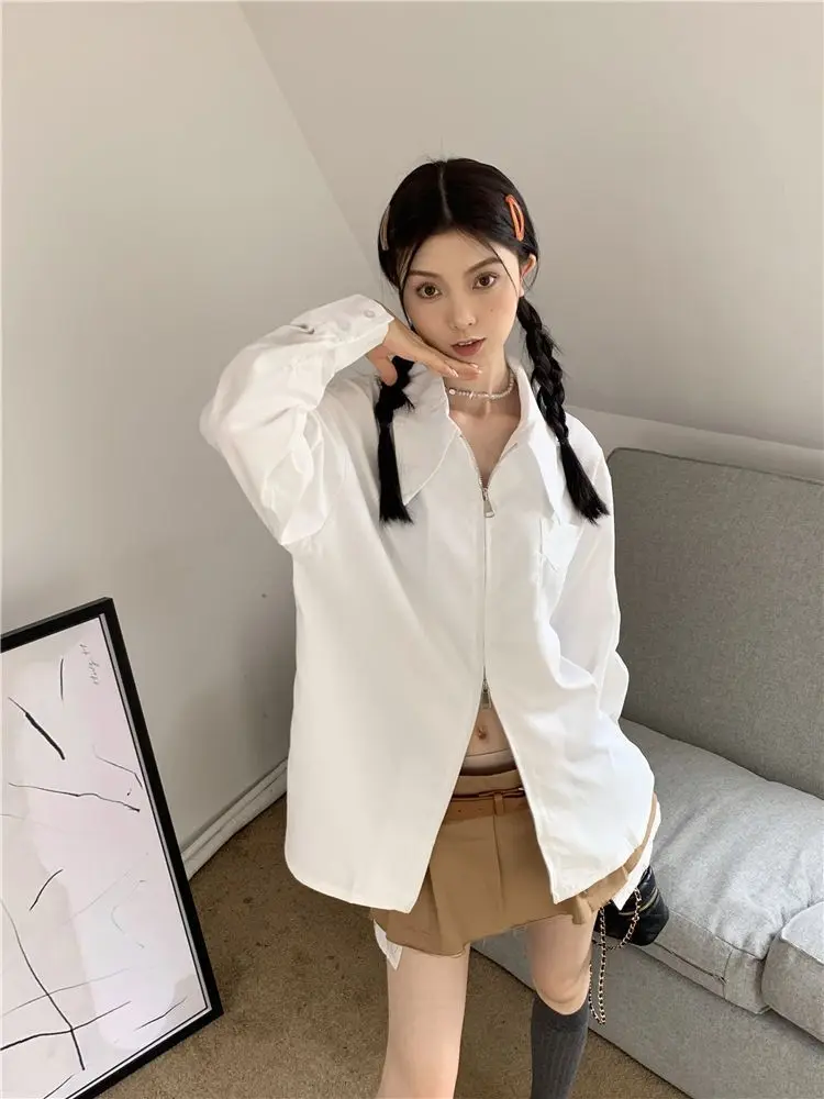 

2025 French White Long Sleeved Shirt Women Autumn New Design Zipper Slimming Streetwear Blouse Woman