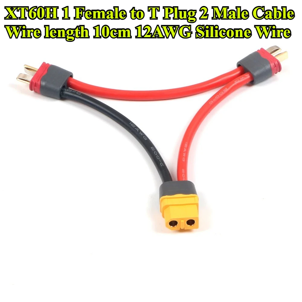 XT60H 1 Female to T Plug 2 Male Y Wire Cable 10cm 12AWG Silicone Wire Battery Adapter Series Connection for RC Helicopter Cable