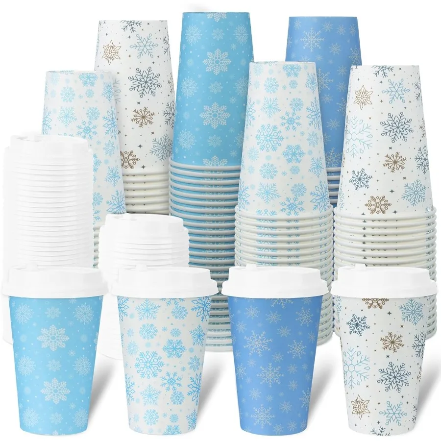 

100 упаковок одноразовых кофейных чашек с рождественскими снежинками и крышками, 12 унций, зимние синие бумажные кофейные стаканчики со снежинками, изолированные бумажные стаканчики
