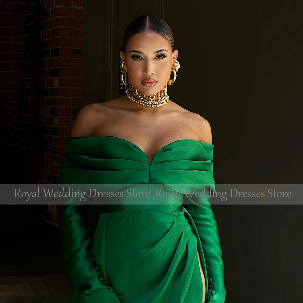 Women\'s Cocktail Dress Mini Emerald Green Long Sleeves Off the Shoulder  Gowns Short Side Slit Satin Sexy Party Dresses