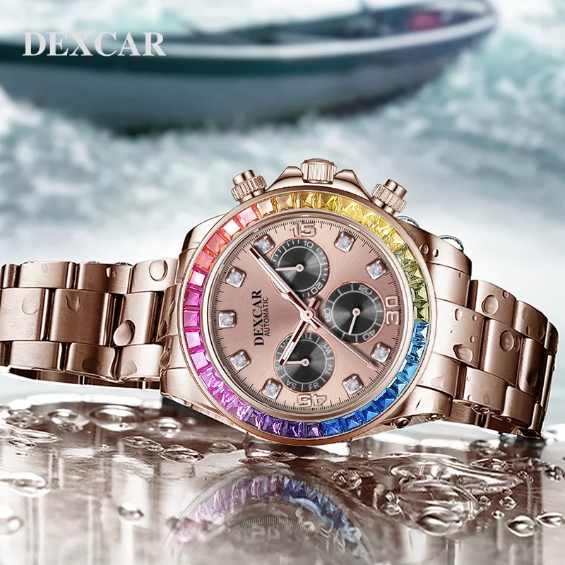 2024 DEXCAR Men\'s Watches Colored stone Bezel Luxury Automatic Watch Men Mechanical Wristwatch Men Waterproof Sport Chronograph