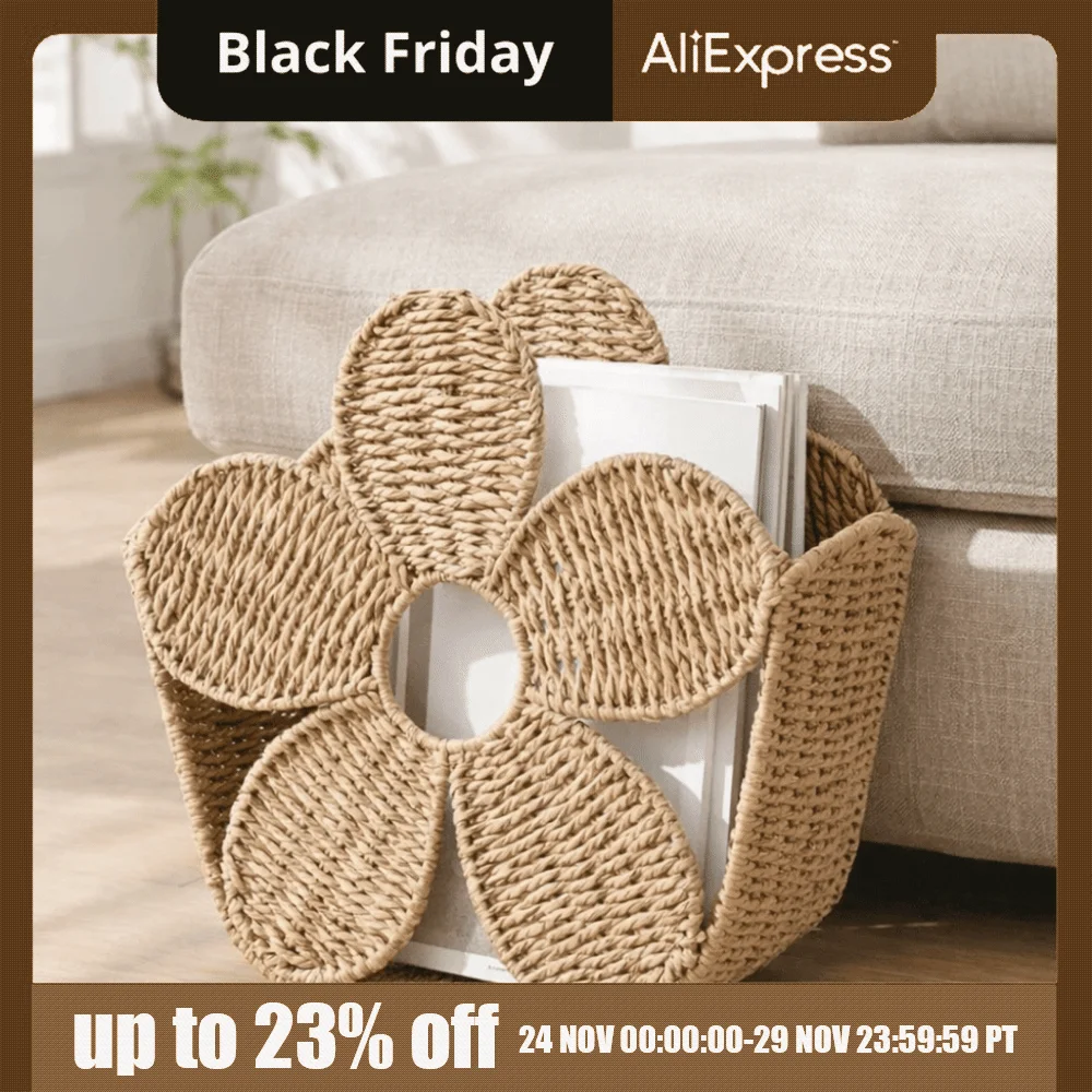 

Paper Rope Magazine Storage Basket Nordic Style Decorative Flower Shape Storage Basket Large Capacity Magazine Holder Office