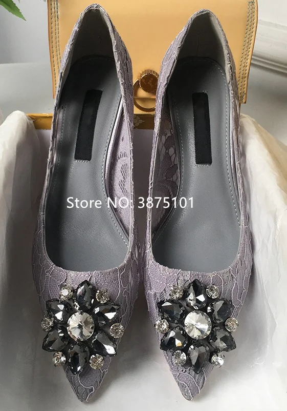 Brand Lace Diamond Sandals Floral Pointed Toe 6cm 9cm Crystal Pumps Jeweled Bridal Wedding Shoes Slip-on High Heels