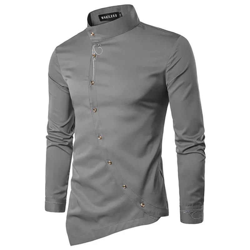 Fashion Mens Hipster Long Sleeve Embroidery Shirt Personality Oblique Button Irregular Casual Dress Shirt Men Tuxedo Shirts