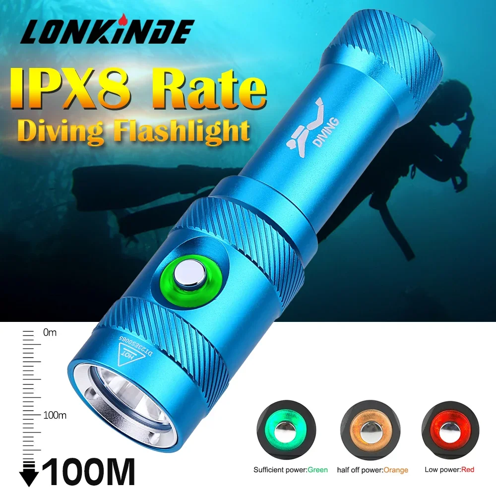 IPX8 Waterproof Underwater 100M Diving Flashlight  L2 LED Backup Diver Light Waterproof Scuba Lantern Rechargeable Dive Torch