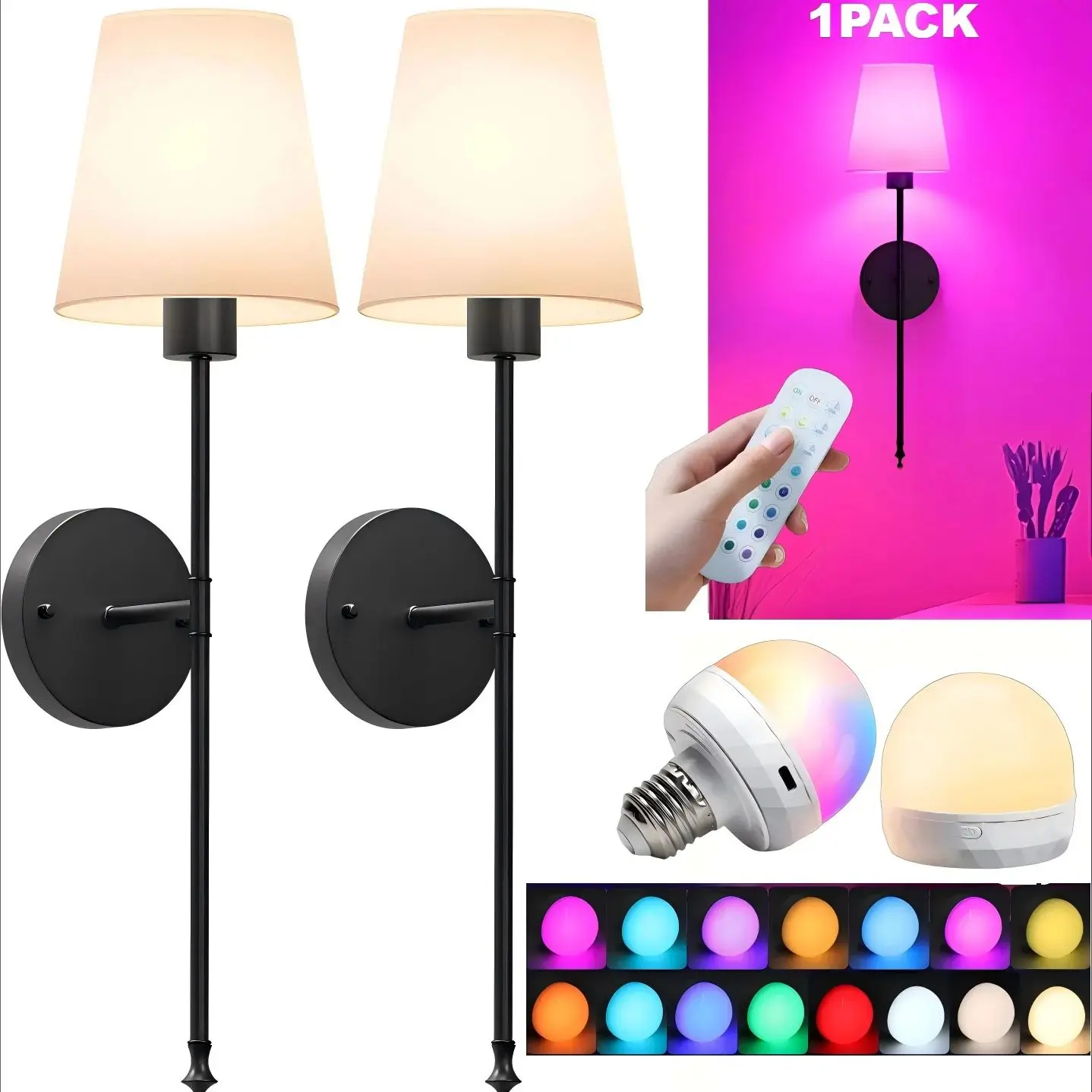 

Battery Operated Wall Sconce Set of 1,Wireless Chargeable Wall Light With Remote Control, Amber Light/Warm White/RGB,black,gold
