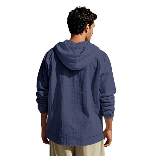 Men's Linen Hooded Shirt Jacket Long Sleeve Button Down Hoodie Shacket Casual Loose Daily Outerwear