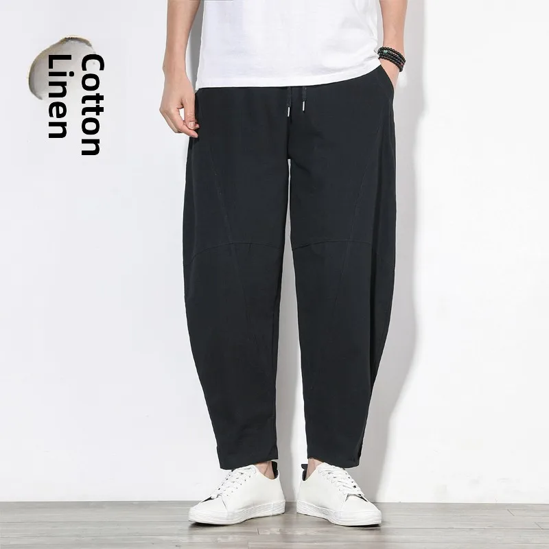Herren-Harlan-Hose aus Baumwollleinen, neun Fuß, Sport, lang, trendig, locker, gerade, Sommer, Herbst, dünne Freizeithose für Jugendliche
