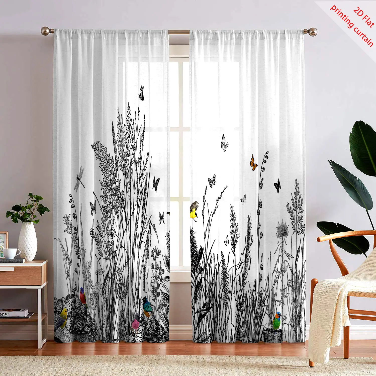Plant Printed Transparent Screen Curtain Home Window Decorative Film Suitable for Office Living Room Bedroom Balcony Windows