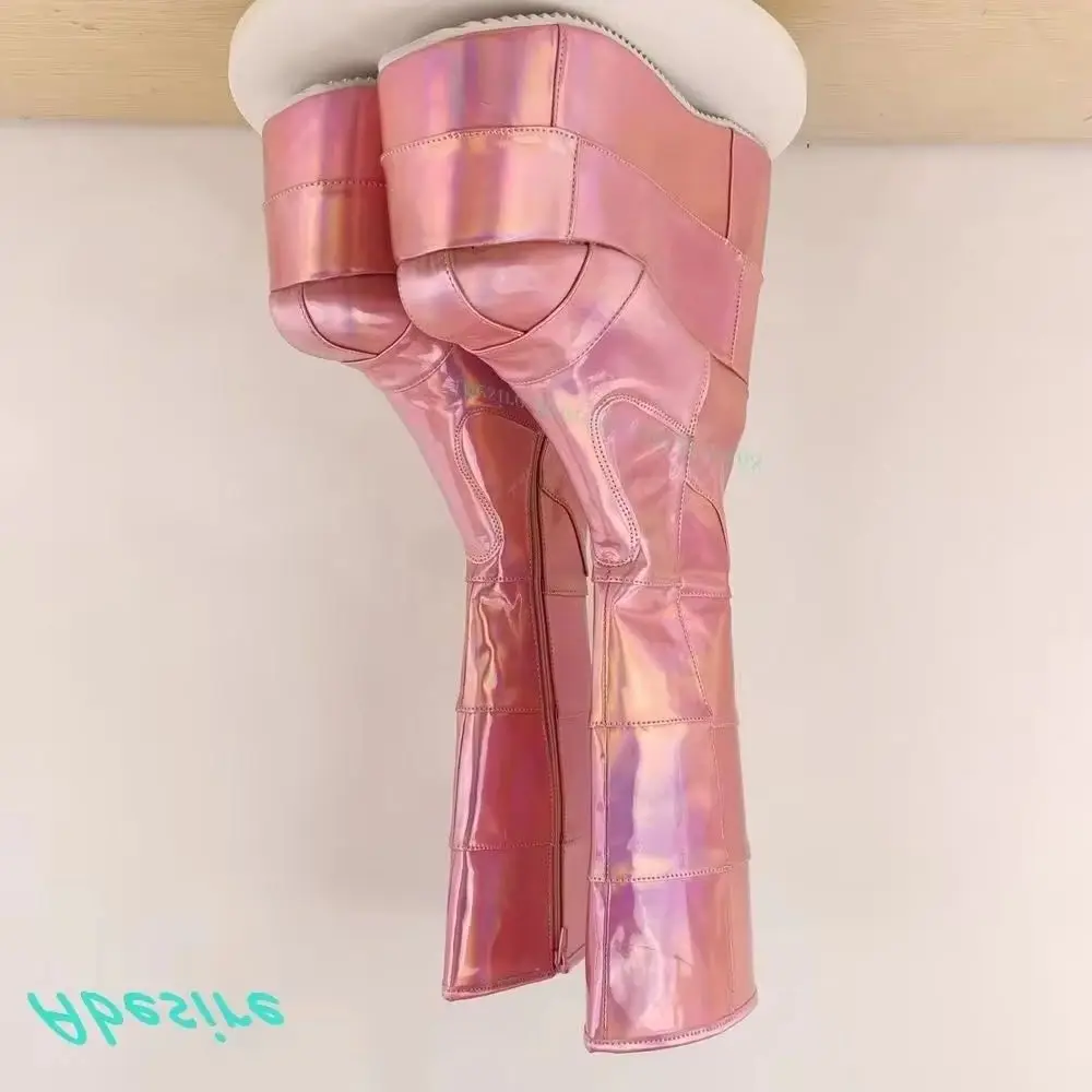 Lolita Iridescent Pink Patchwork Platform Knee High Boots Round Toe Wedges Zipper Shoes for Women Y2K Music Festival Shoes New